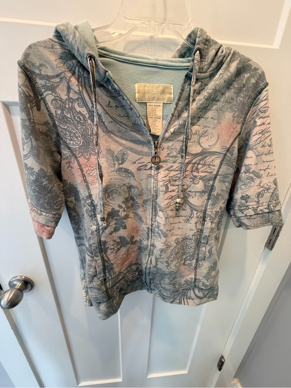 Green Tea Medium Floral Rhinestone Short Sleeve Zip Hoodie Sage Boho